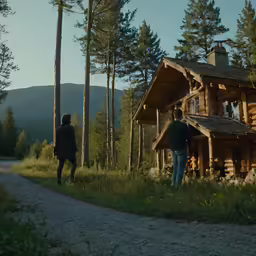 the two people are standing outside of the building