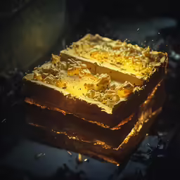 three square wooden squares with golden decorations on the top