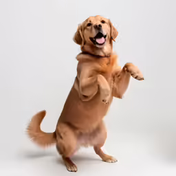 a brown dog is standing and reaching his paws up