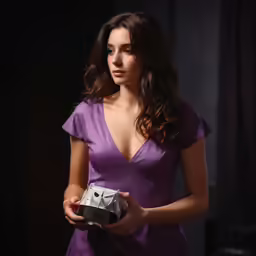 a woman in a purple dress is holding a silver box