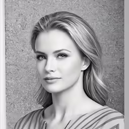 black and white photo of a woman in front of a concrete wall
