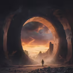 an abstract photo of a person looking out from an open portal