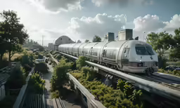 a white train traveling past a train station next to trees