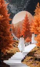 two models walking down a set of white stairs