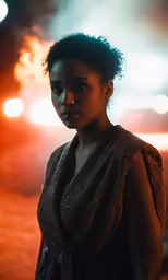 a girl with black hair standing in the street