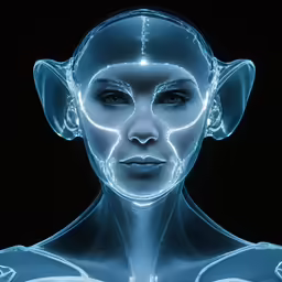 a woman with a futuristic face in a dark space