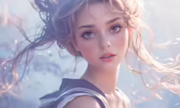 a woman in a dress with her hair in the wind