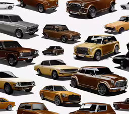 a group of six different colored muscle cars,a bunch of cars that are on top of a white surface
