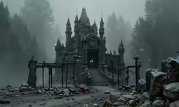 an eerie castle with a graveyard in the woods
