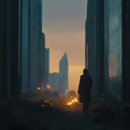 man in silhouette walking through city at night