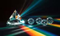 three diamonds standing in front of a rainbow background