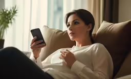 the woman is sitting on her couch while using her phone