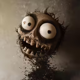 a fake dead head with big eyes and long hair