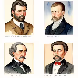 four men in formal clothes are shown in color,four different people with beards are shown in this vintage drawing