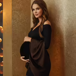 the pregnant woman is standing near a wall wearing her breaster