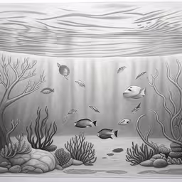 a drawing of different fish swim about underwater