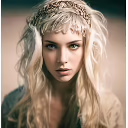 a woman with blonde hair wearing a braid around her head