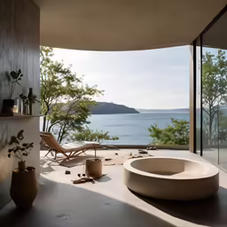 a bathroom with a large window overlooking the water