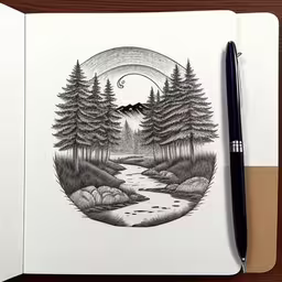a drawing of a stream through some trees with a full moon in the background,a drawing with an illustration of a forest scene,a notebook with an illustration of trees and a stream,a pen drawing of a mountain river,this is an illustration of a river with trees