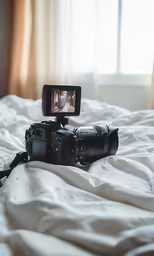 two cameras on a bed side by side