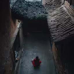 an alley way with old buildings and a person sitting in the doorway