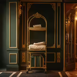 a gold and black bedroom with a green bed