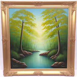 a painting of a stream running through trees,a painting of a stream and trees is shown,a painting with green trees on a wall,a painting of a stream in a wooded area,painting of a river with trees and rocks