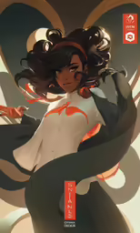 a stylized painting of a woman with large hair and a white dress