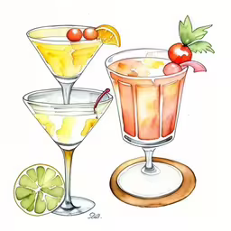 there is a painting with two martinis and lime,a colorful picture of cocktails in coupe glasses,a drawing of two glasses with drinks and an apple,a drawing of some drinks with lime slices,a watercolor painting of drinks on paper