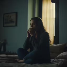 a woman is sitting on her bed smiling