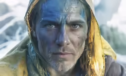 a man with blue painted face and hooded head