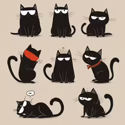 many black cats with various expressions and shapes