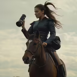 a woman holding a camera while riding a brown horse