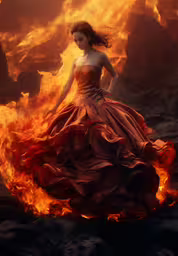 a woman in a long red dress with flame surrounding her,a girl wearing red is posing in front of a fire