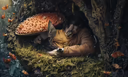 a man sits on a forest floor using his phone