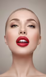 a woman with red lipstick on her face