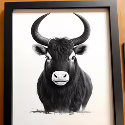 a black and white cow with horns standing next to an open laptop