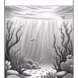 the underwater scene in pencil is black and white,the underwater scene with fish and corals,a black and white drawing of corals, seaweed, and fish,the drawing is black and white of the underwater scene,a drawing of coral reef with fish and reef scene