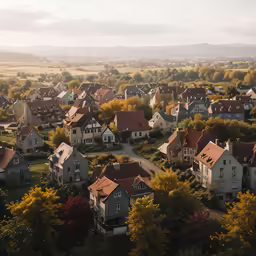 a row of houses with trees around them