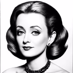 a woman in a necklace and pearls looks to the side