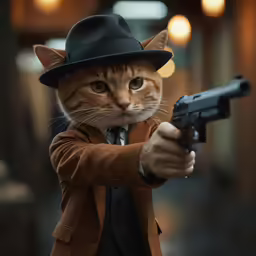 a cat dressed as a man holding a gun