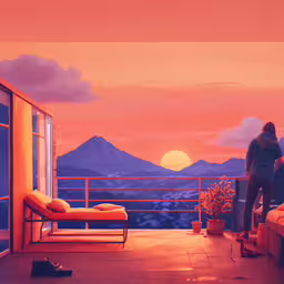 a person standing by the window looking at the sunset,the person is standing on a balcony overlooking mountains