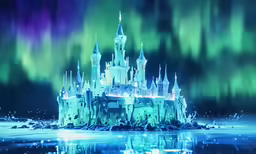 a castle sits near the water, surrounded by an aurora display