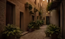 two green planters are on either side of the street