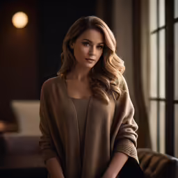 a woman sitting on top of a couch wearing a brown cardigan