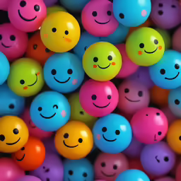 many balls with colored faces painted on them