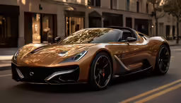 an orange sports car driving down the street