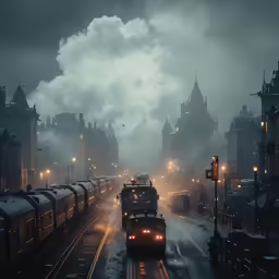 a train traveling down train tracks during the night