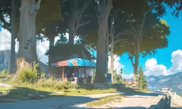 the stop sign is by the street and next to trees