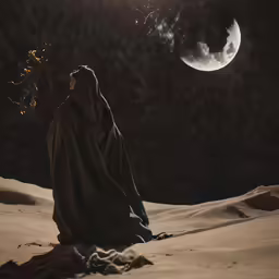 the person sits in the desert in front of a moon
